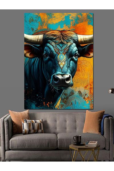 Tablomega Blue Bull Decorative Canvas - Mdf Wooden Painting