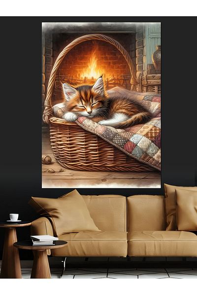 Tablomega Cat Sleeping in the Basket Decorative Canvas - Mdf Wooden Painting