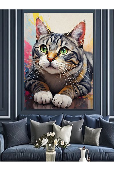 Tablomega Cat with Colorful Eyes Decorative Canvas - Mdf Wooden Painting