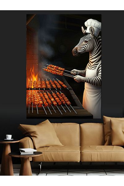 Tablomega Zebra Making Kebab Decorative Canvas - Mdf Wooden Table
