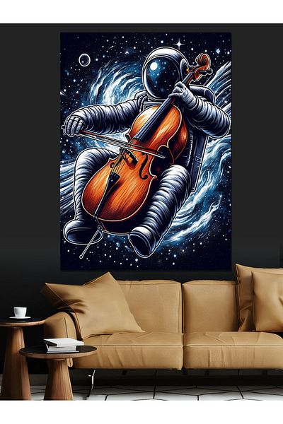Tablomega Çellocu Astronaut Decorative Canvas - Mdf Wooden Painting