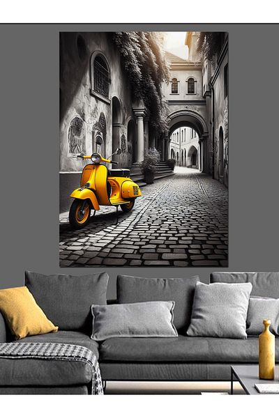 Tablomega Vespa Galbenă pe o stradă îngustă Pânză decorativă - Lemn MDF