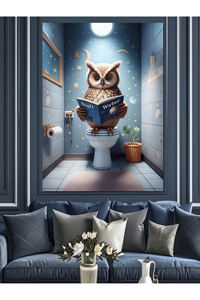 Tablomega Owl on the Toilet Decorative Canvas - Mdf Wooden Painting