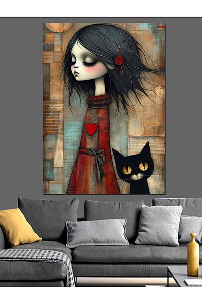 Tablomega Gothic Woman and Cat Decorative Canvas - Mdf Wooden Painting