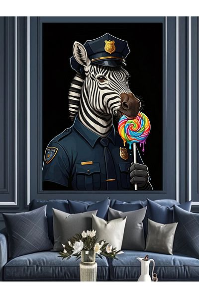 Tablomega Lollipop Eating Police Zebra Decorative Canvas - Mdf Wooden Painting