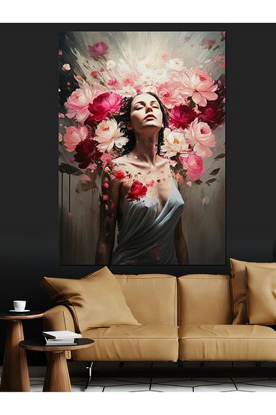 Tablomega Woman Decorative Canvas with Flowers - Mdf Wooden Painting