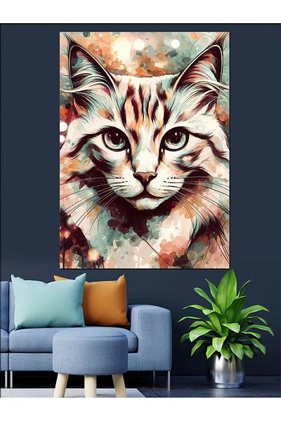 Tablomega Colorful Cat Decorative Canvas - Mdf Wooden Table