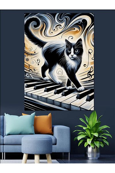 Tablomega Black Cat on the Piano Decorative Canvas - Mdf Wooden Painting