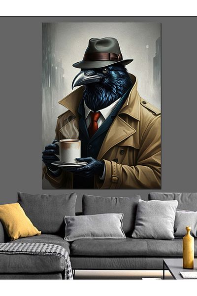 Tablomega Detective Crow Drinking Coffee Decorative Canvas - Mdf Wooden Painting