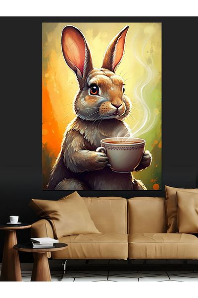 Tablomega Rabbit Drinking Tea Decorative Canvas - Mdf Wooden Painting