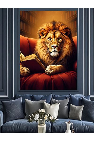 Tablomega Lion pe canapea roșie Pânză decorativă - Lemn MDF Pictat