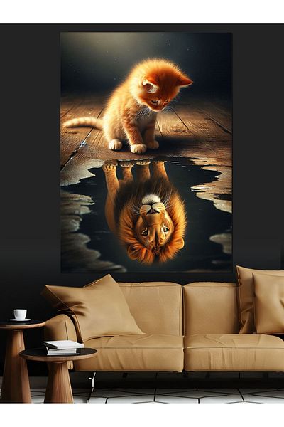 Tablomega Moon and Lion in the Lake Decorative Canvas - Mdf Wooden Painting