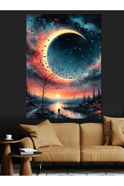 Tablomega Moon and Star Landscape Decorative Canvas - Mdf Wooden Painting