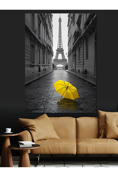 Tablomega Yellow Umbrella and Eiffel Decorative Canvas - Mdf Wooden Painting