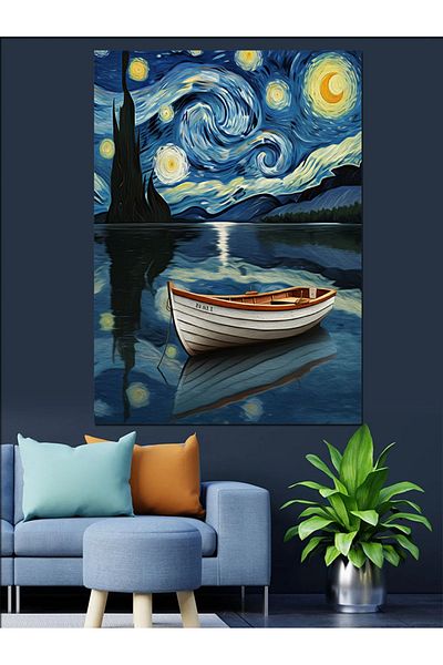 Tablomega Starry Night and Boat Decorative Canvas - Mdf Wooden Painting