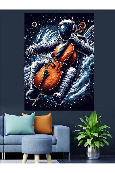 Tablomega Çellocu Astronaut Decorative Canvas - Mdf Wooden Painting