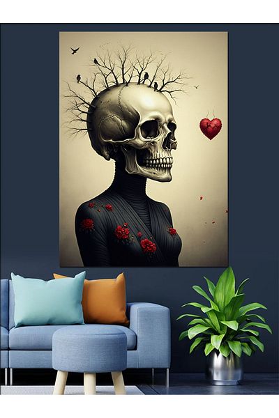 Tablomega Skeleton with Heart on Head Decorative Canvas - Mdf Wooden Painting