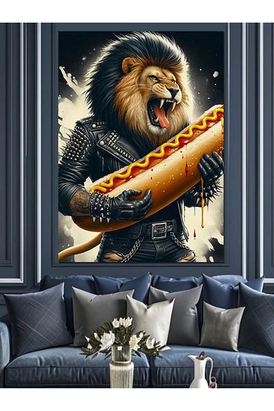Tablomega Lion Holding a Sausage in a Leather Jacket Decorative Canvas - Mdf Wooden Painting