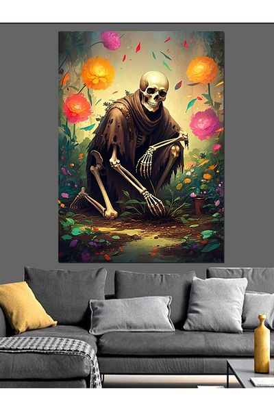Tablomega Skeleton in Flowers Decorative Canvas - Mdf Wooden Painting