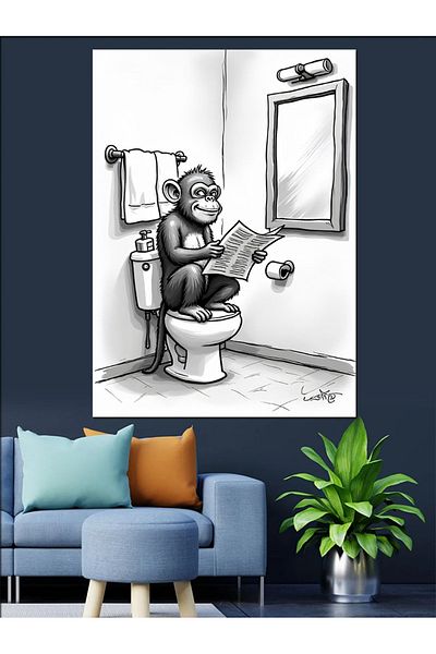 Tablomega Monkey on the Toilet Decorative Canvas - Mdf Wooden Painting