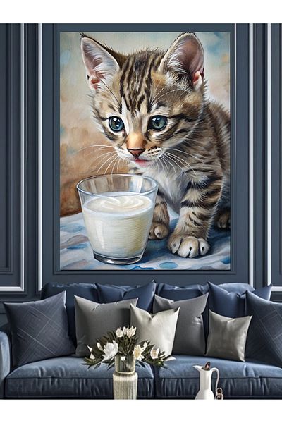 Tablomega Cat Kitten Drinking Milk Decorative Canvas - Mdf Wooden Painting