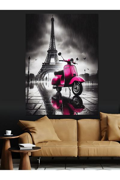 Tablomega Eiffel and Pink Vespa Decorative Canvas - Mdf Wooden Painting