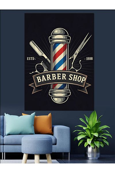 Tablomega Διακοσμητικός καμβάς με λογότυπο Barber Shop - Ξύλινος πίνακας MDF