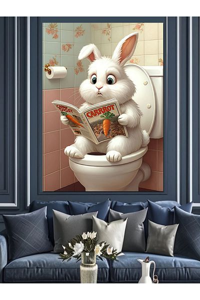 Tablomega Rabbit in the Toilet Decorative Canvas - Mdf Wooden Painting