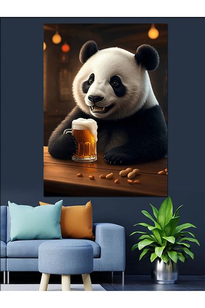 Tablomega Beer Panda Decorative Canvas - Mdf Wooden Table