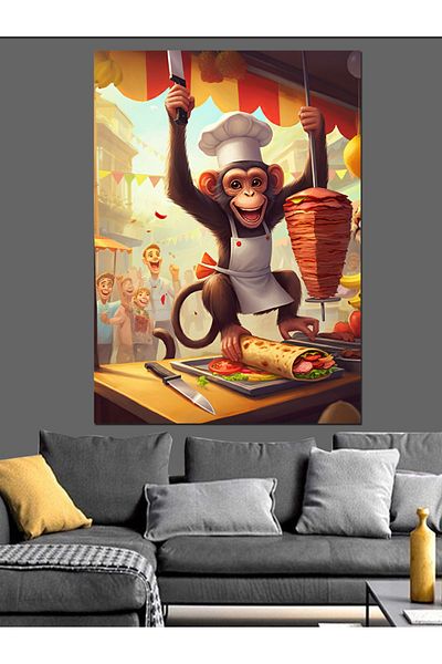 Tablomega Chef Monkey Rotating Situation Decorative Canvas - Mdf Wooden Table