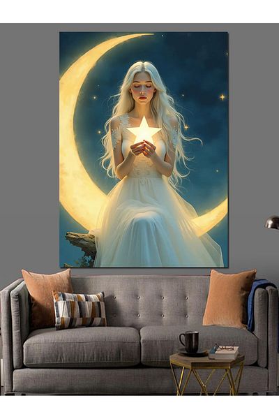 Tablomega Woman Holding Moon and Star Decorative Canvas - Mdf Wooden Painting