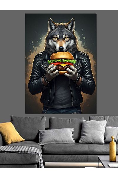 Tablomega Wolf Holding a Burger Decorative Canvas - Mdf Wooden Painting