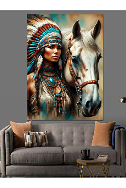 KanvasSepeti Kızılderili Kadın Ve At Yağlı boya Dokulu Yüksek kaliteli Kanvas...