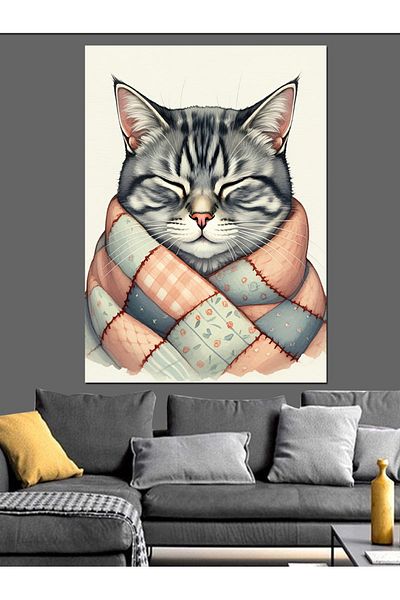 Tablomega Cat Decorative Canvas Wrapped in Blanket - Mdf Wooden Painting