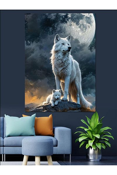 Tablomega Wolf in Moonlight Decorative Canvas - Mdf Wooden Painting
