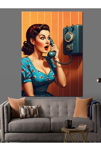 Tablomega Woman with Old Phone Decorative Canvas - Mdf Wooden Painting