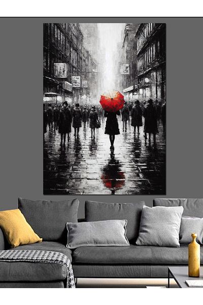 Tablomega Red Umbrella Decorative Canvas in the Rainy City - Mdf Wooden Painting