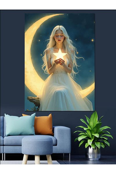 Tablomega Woman Holding Moon and Star Decorative Canvas - Mdf Wooden Painting