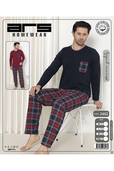 Ars Men's Pajama Sets Plaid Long Sleeve Six Check Pajama Sets Cotton