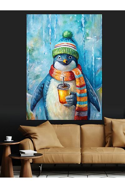 Tablomega Scarfed Penguin Drinking Decorative Canvas - Mdf Wooden Painting
