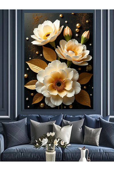 Tablomega Gold Colored Flowers Decorative Canvas - Mdf Wooden Painting