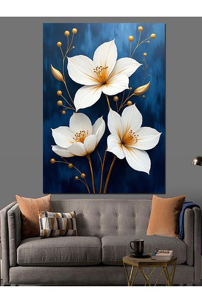 Tablomega White Flower Arrangement Decorative Canvas - Mdf Wooden Table