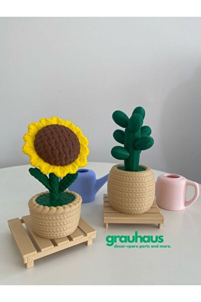 GRAUHAUS Örgü Desenli 6 Parça Dekoratif Çiçek Seti Ayçiçeği ve Kaktüs Dekorat...
