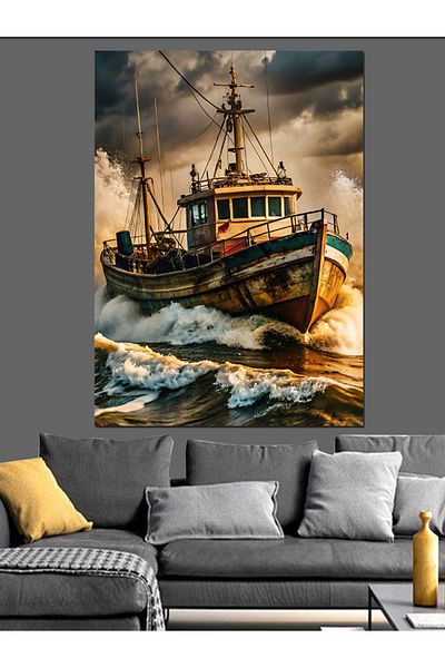 Tablomega Stormy Fishing Boat Decorative Canvas - Mdf Wooden Painting