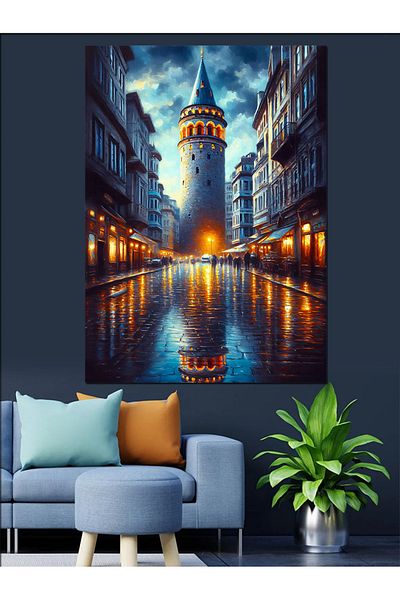 Tablomega Night Galata Decorative Canvas - Mdf Wooden Painting