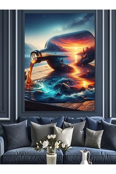 Tablomega Sunset Waterfall Decorative Canvas - Mdf Wooden Painting