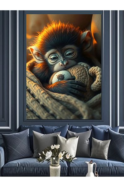 Tablomega Napping Baby Monkey Decorative Canvas - Mdf Wooden Painting