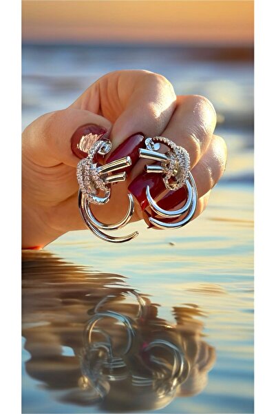 zeyyn silver 925 AYAR GÜMÜŞ MODERN ÇİFT HALKA TAŞLI DÜĞÜM KÜPE