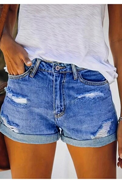Little Visqon Kadın Double Paça Yırtık Kot şort
