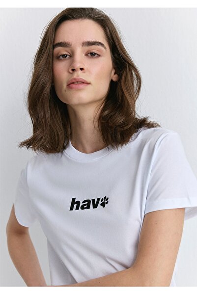 Mavi tricou de damă cu imprimeu haw, cu croiala normală